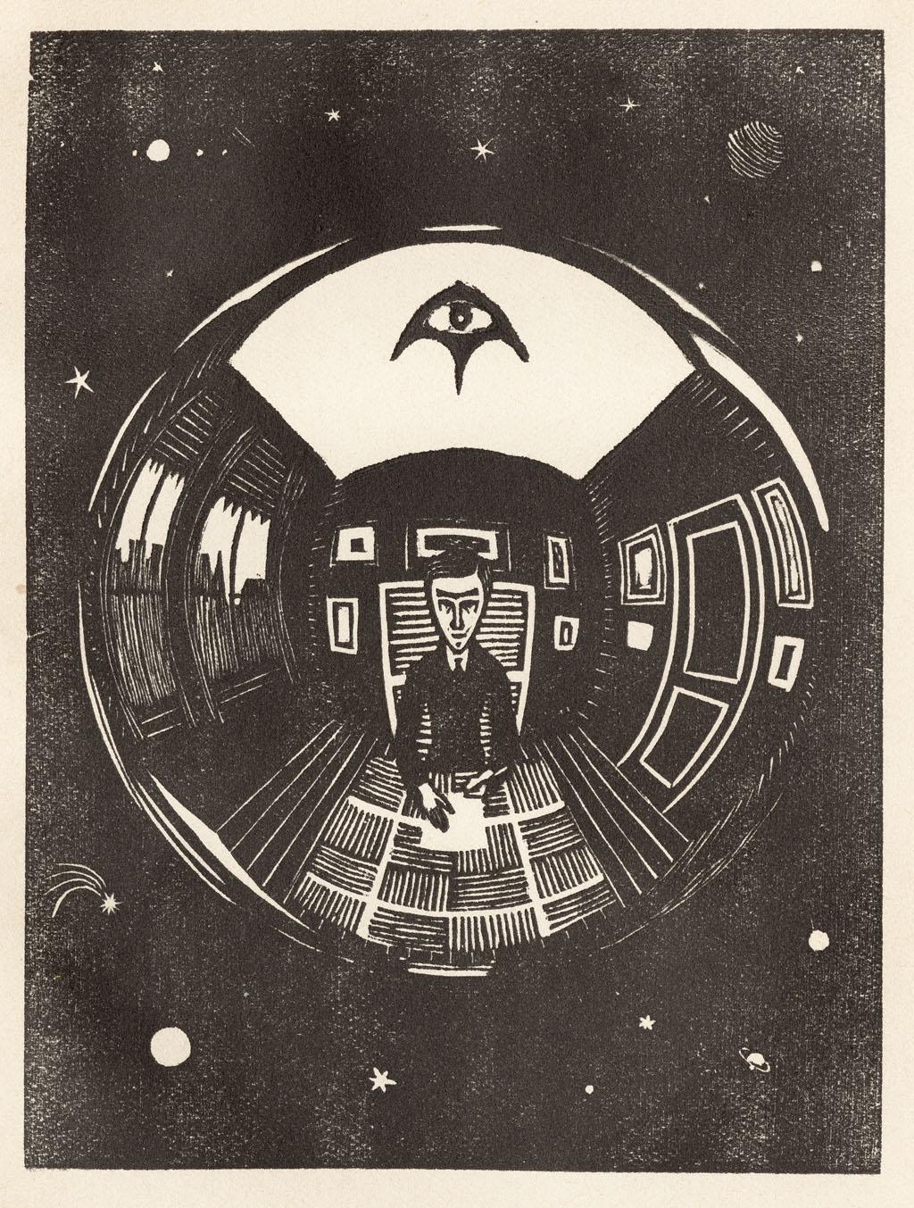 M.C. Escher, 'The Sphere (Self-portrait)' from Flor de Pascua, woodcut, 1921