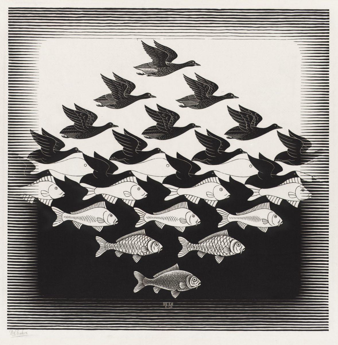 M.C. Escher, Sky and Water I, woodcut, June 1938