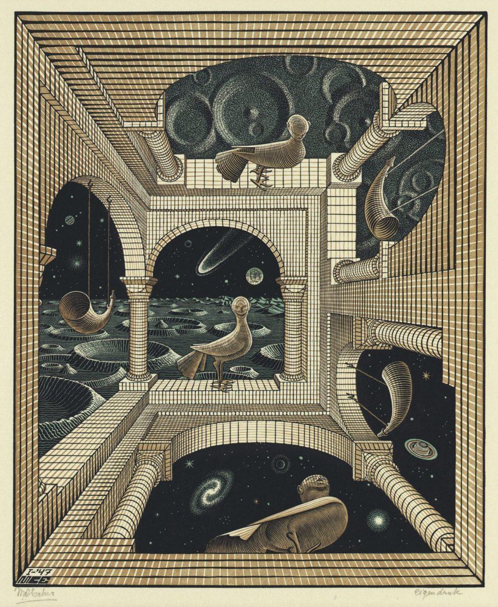 M.C. Escher, Andere wereld, houtsnede en houtgravure in zwart, roodbruin en groen, gedrukt van drie blokken, januari 1947