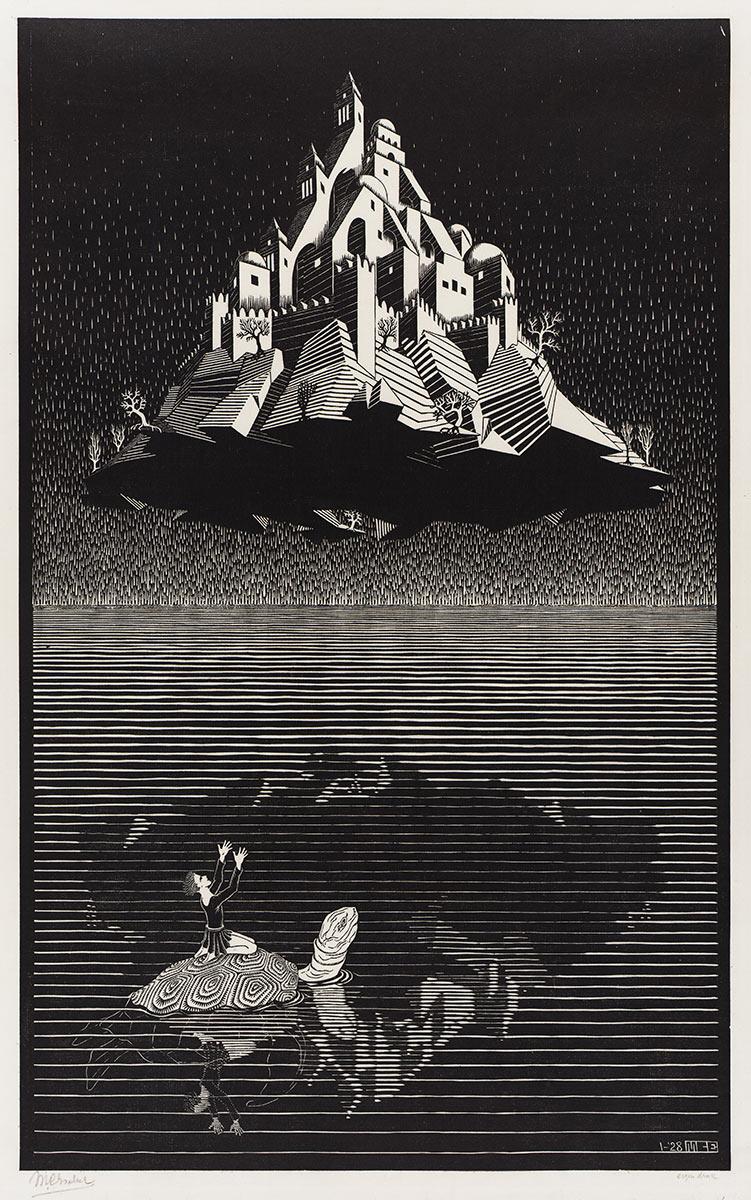 M.C. Escher, Castle in the Air, woodcut, January 1928