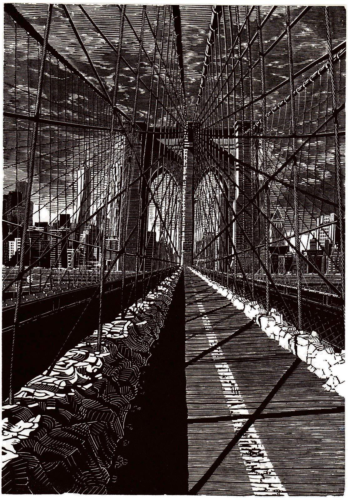 Anne Desmet, Brooklyn Bridge: New Day, Holzstich, 2015