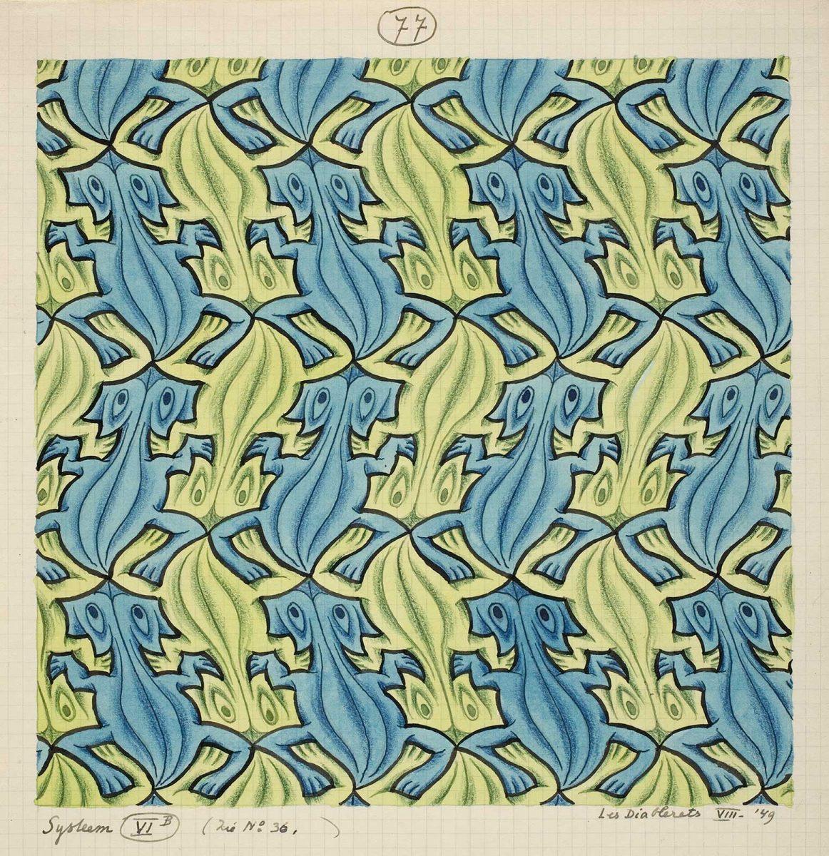Regular division drawing no. 77 (Reptiles), drawn at Les Diablerets, India ink, colored ink, colored pencil, watercolor, August 1949