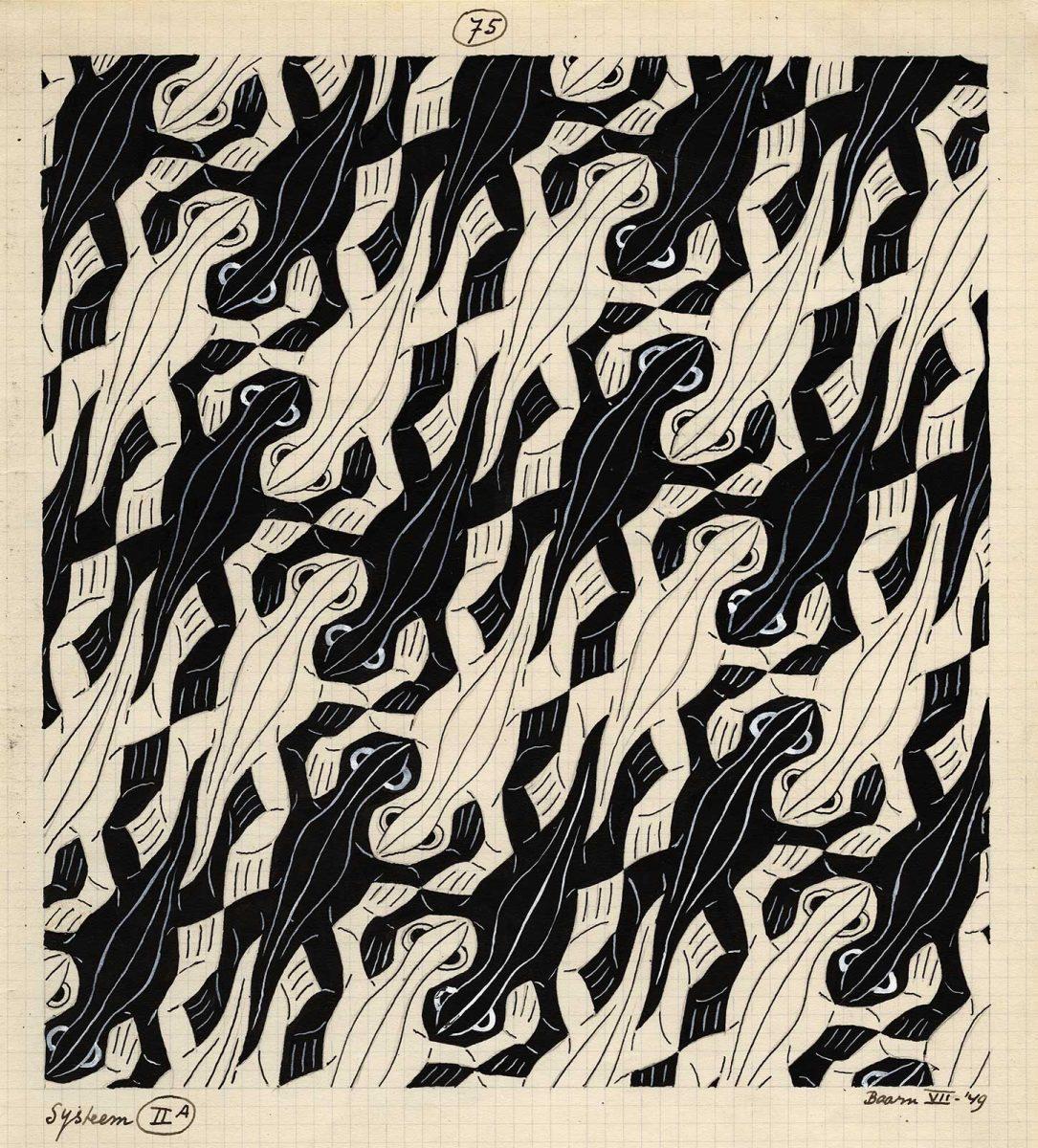 Regular division drawing no. 75 (Reptiles), India ink, pencil, black and white poster paint, July 1949