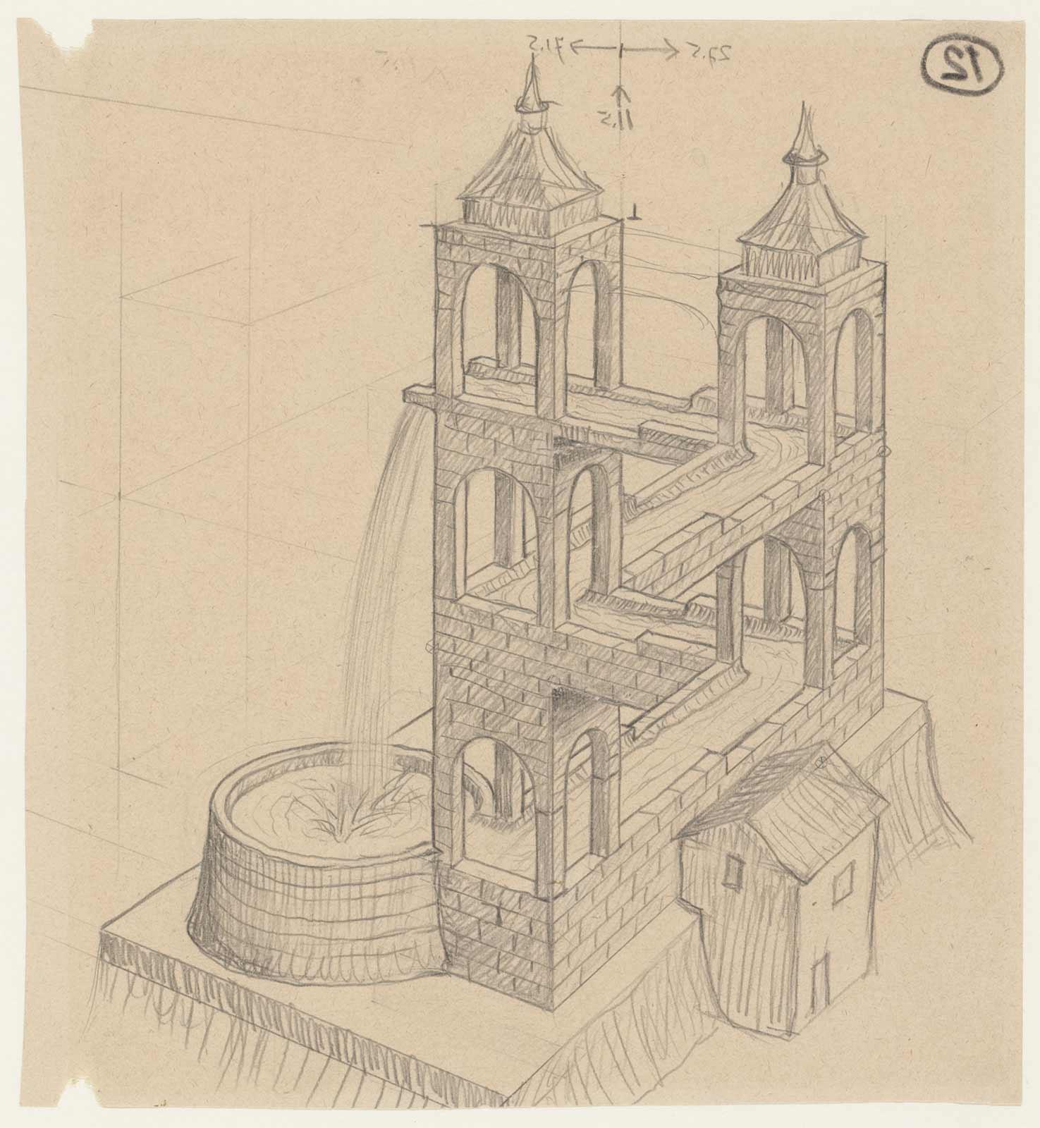 Tekening 12, gespiegeld. Door de spiegeling zijn de overeenkomsten en verschillen met het eindresultaat beter te zien.