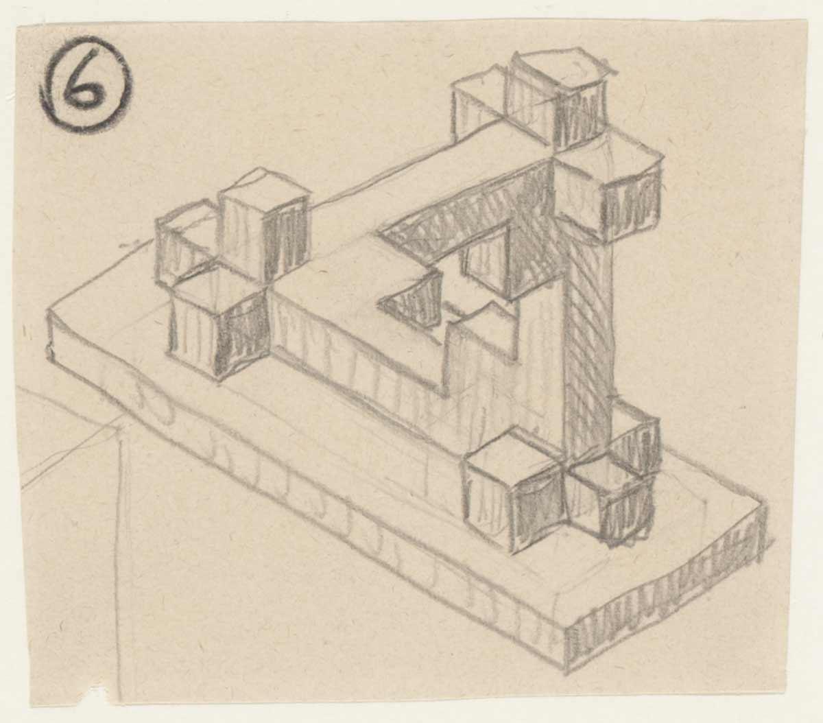 Voorstudies voor de gebouwcomplexen in <em>Waterval</em>. Tekening 6
