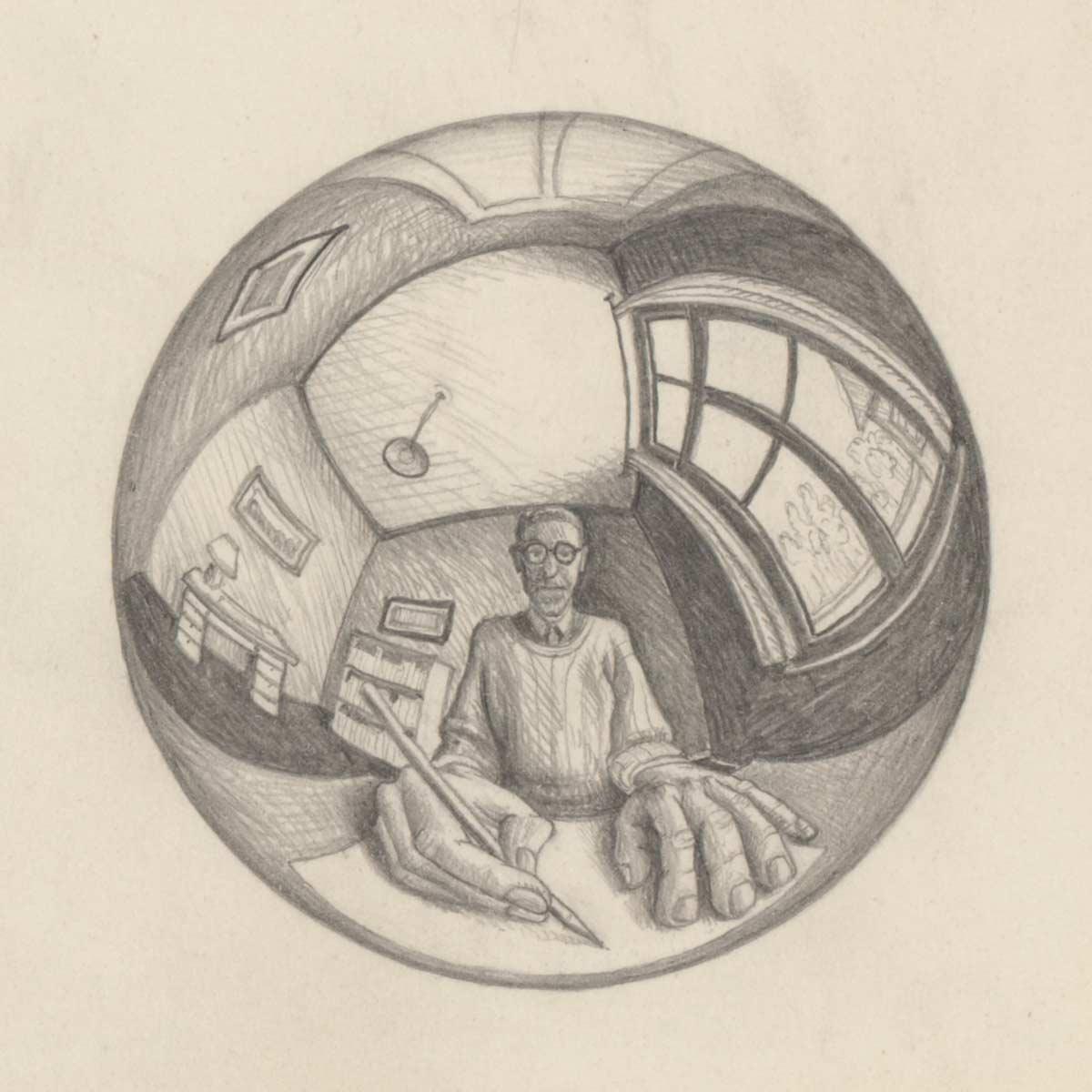 Study for Self-portrait in spherical mirror, pencil on paper, 1950