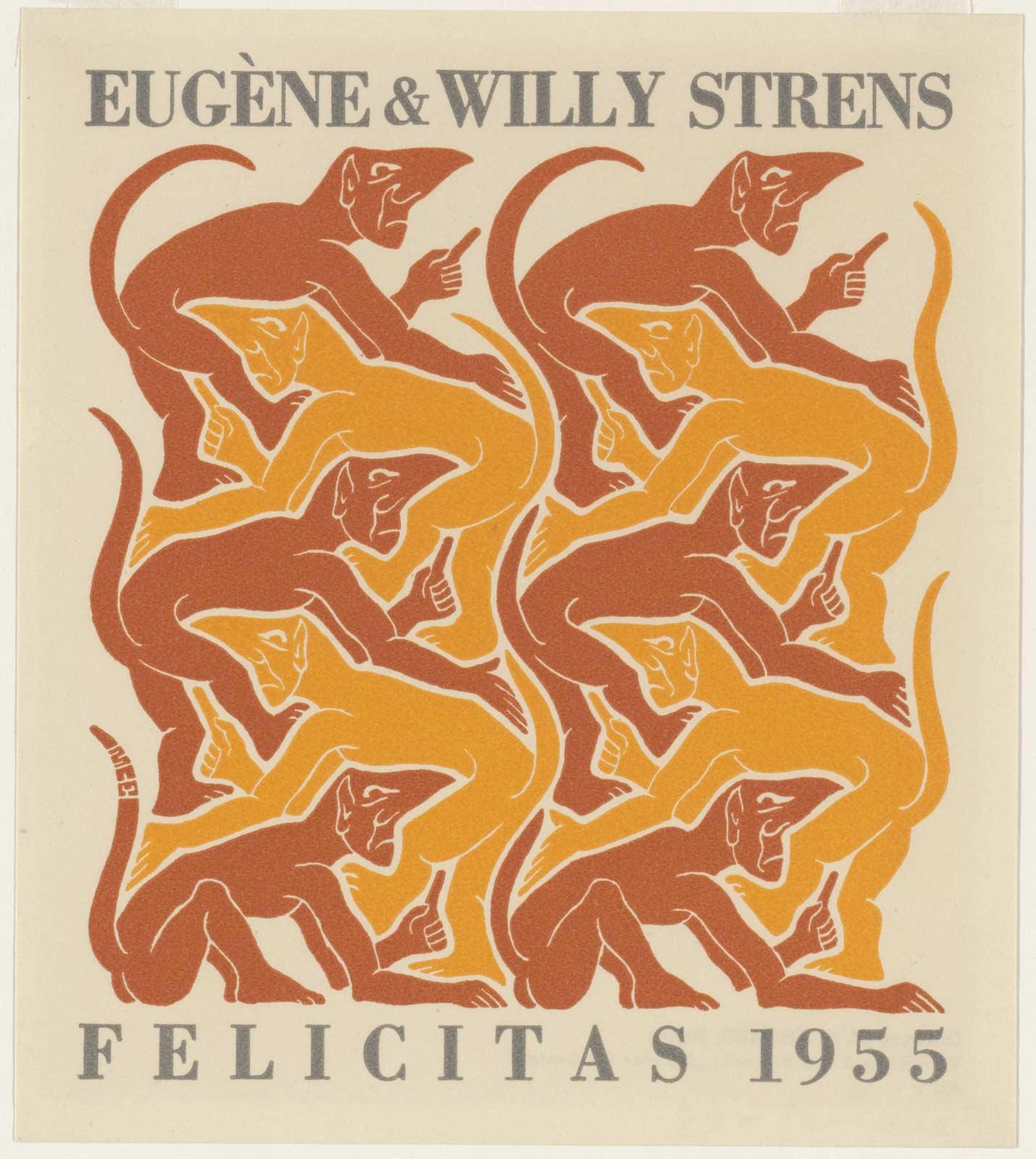 M.C. Escher, Vuur (nieuwjaarswens 1955), houtsnede in geel en oranje gedrukt van twee blokken, met boekdruk in grijs, oktober 1952