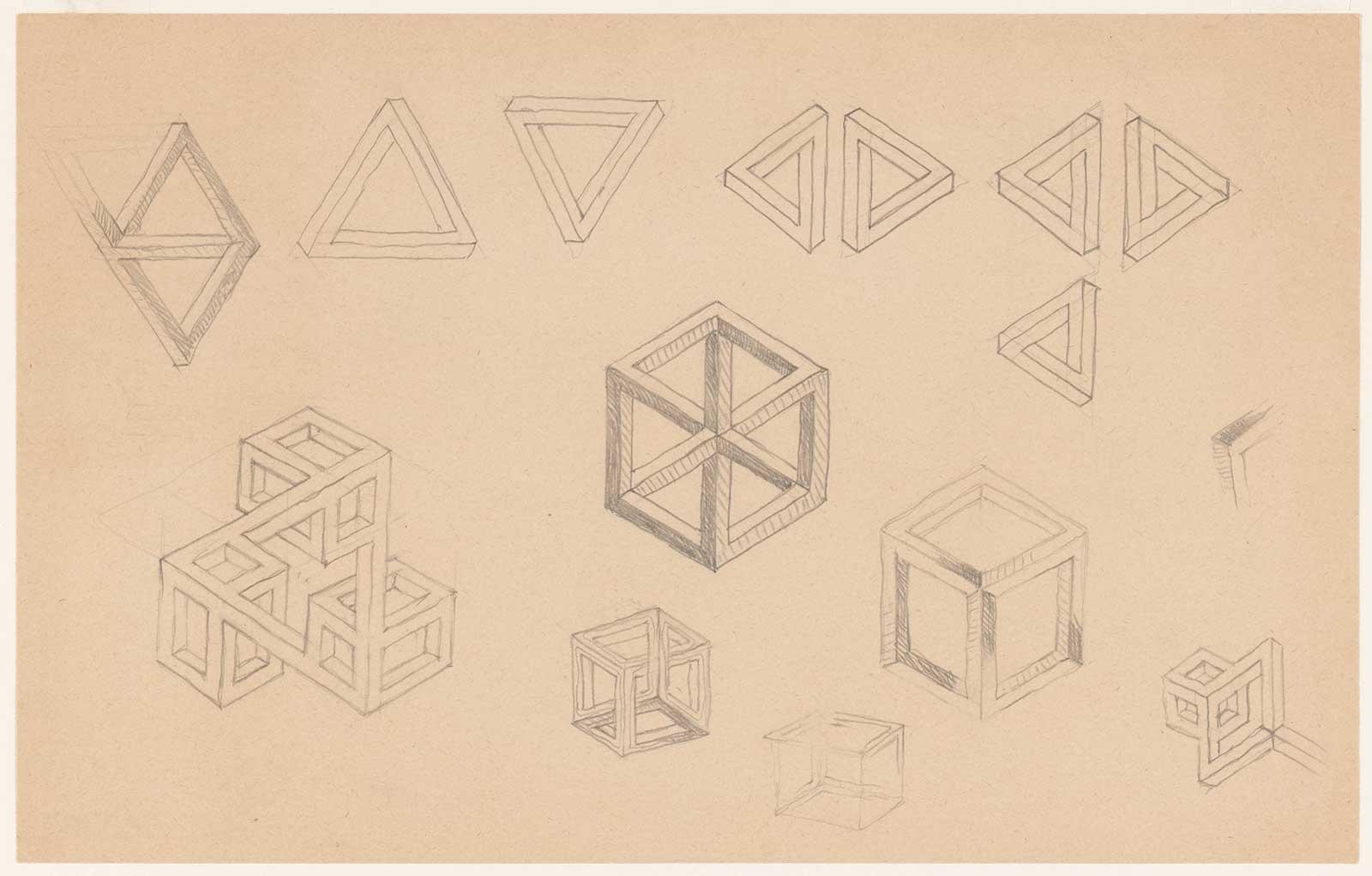 Vroege schetsen waarin Escher puzzelt met de driebalken van Penrose en de onmogelijke kubus die hij eerder voor Belvédère had gebruikt