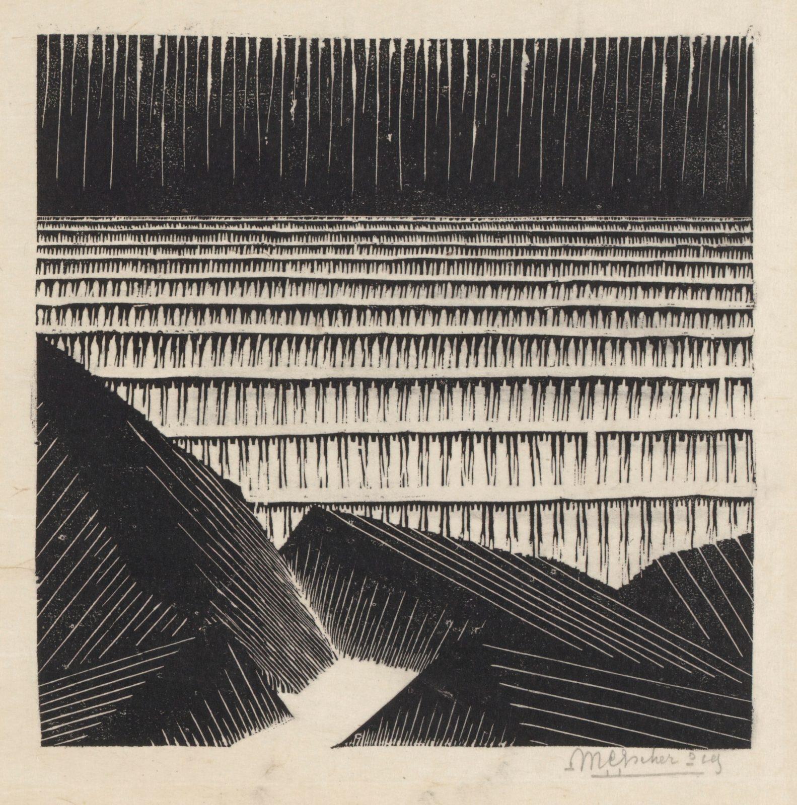 M.C. Escher, Basaltblokken langs zee, houtsnede, 1919