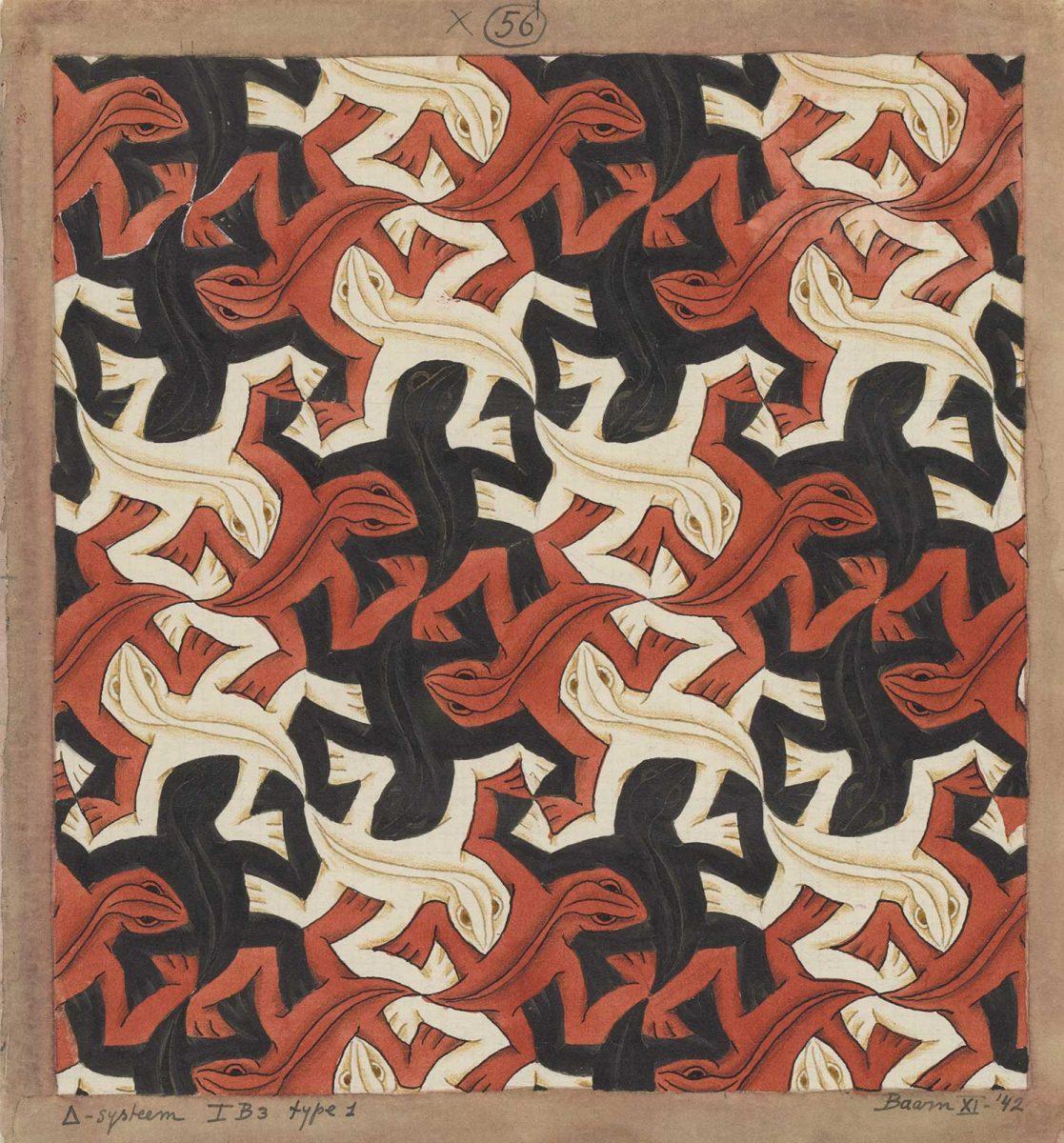 Regular division drawing no. 56 (Lizards), India ink, gold ink, coloured pencil, poster paint, November 1942