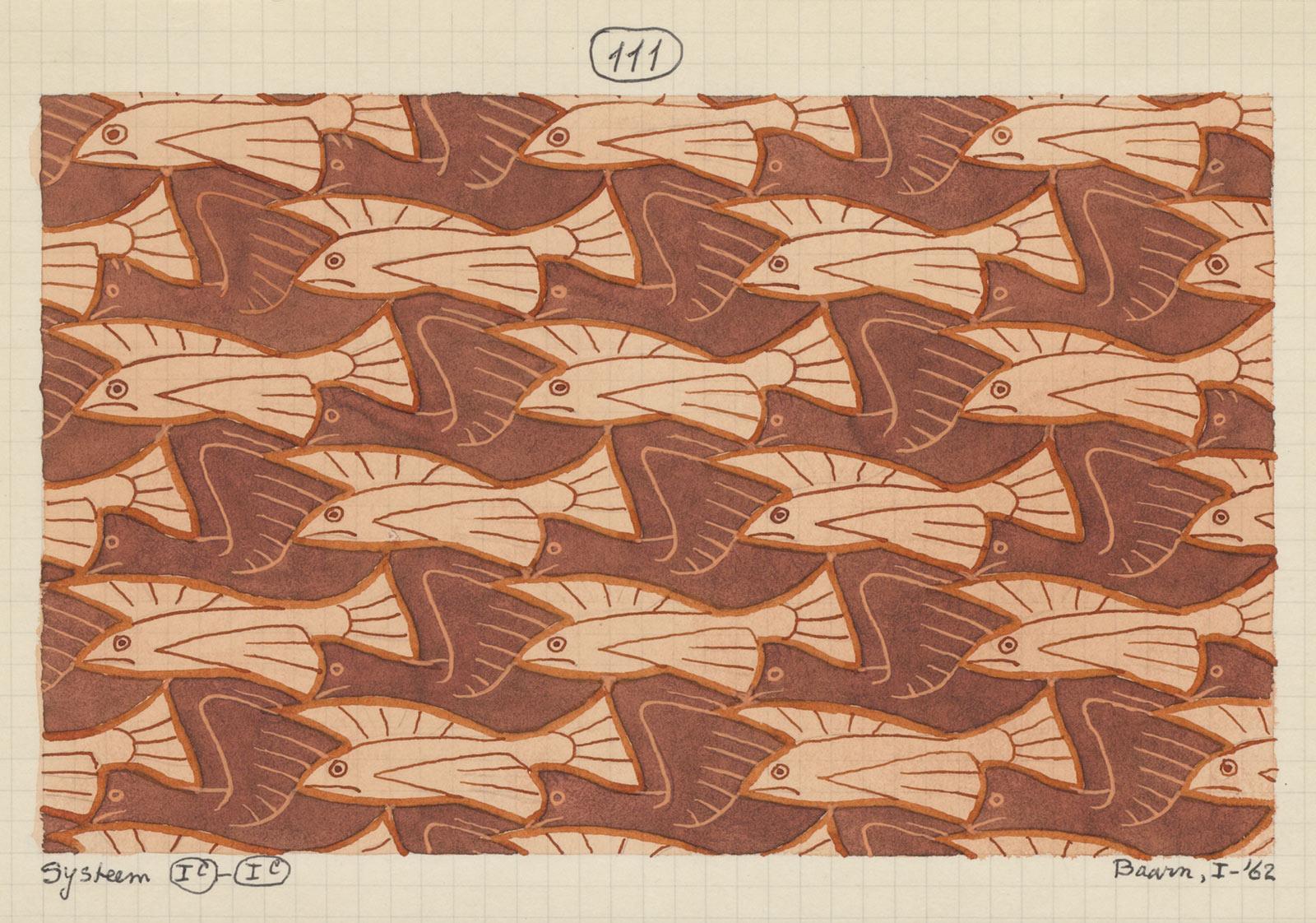 M.C. Escher, Regular division drawing with flying fish and birds, no. 111, pencil and watercolor on paper, January 1962