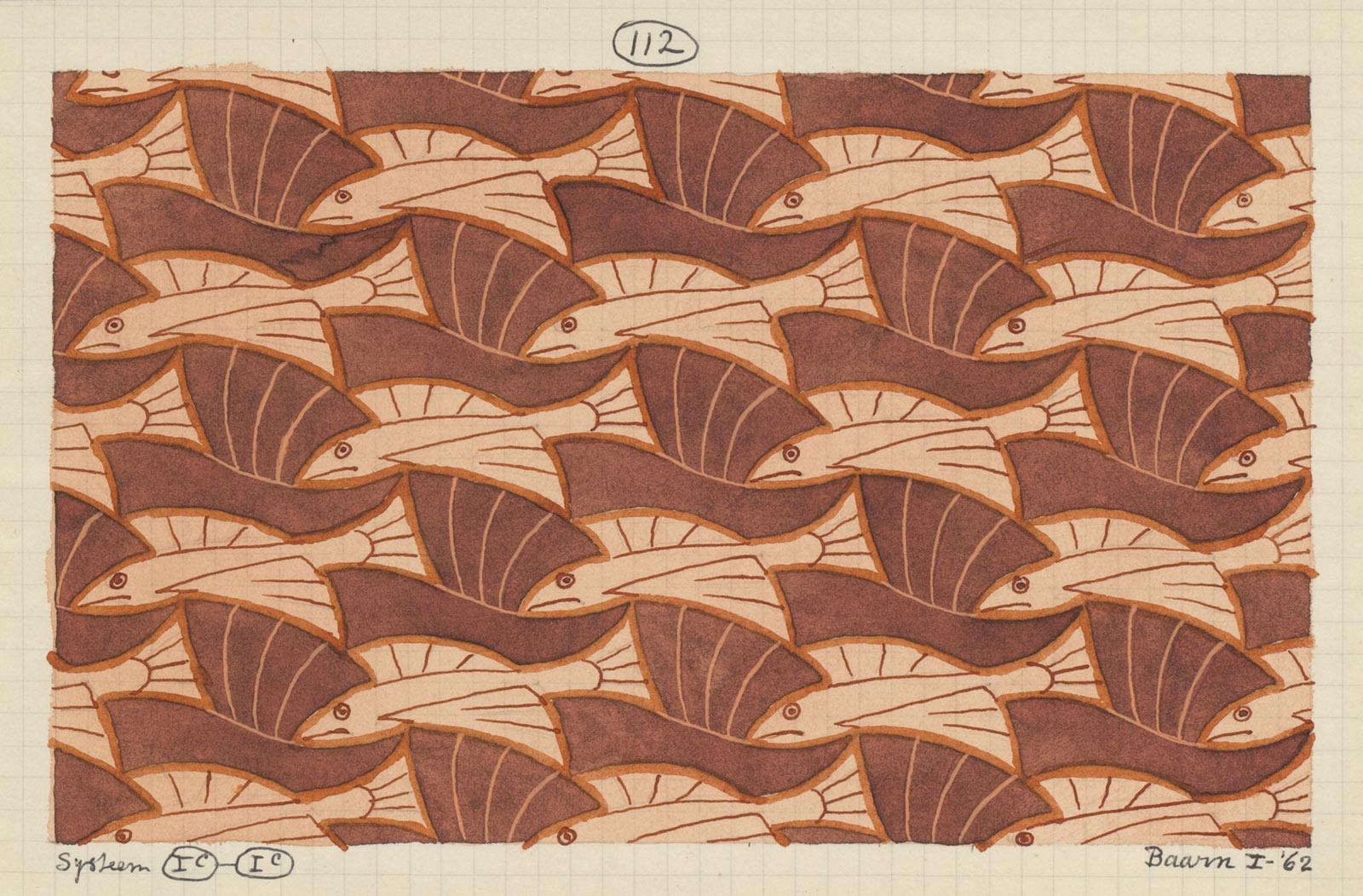 M.C. Escher, Regular division drawing with flying fish and boats, no. 112, pencil and watercolor on paper, January 1962