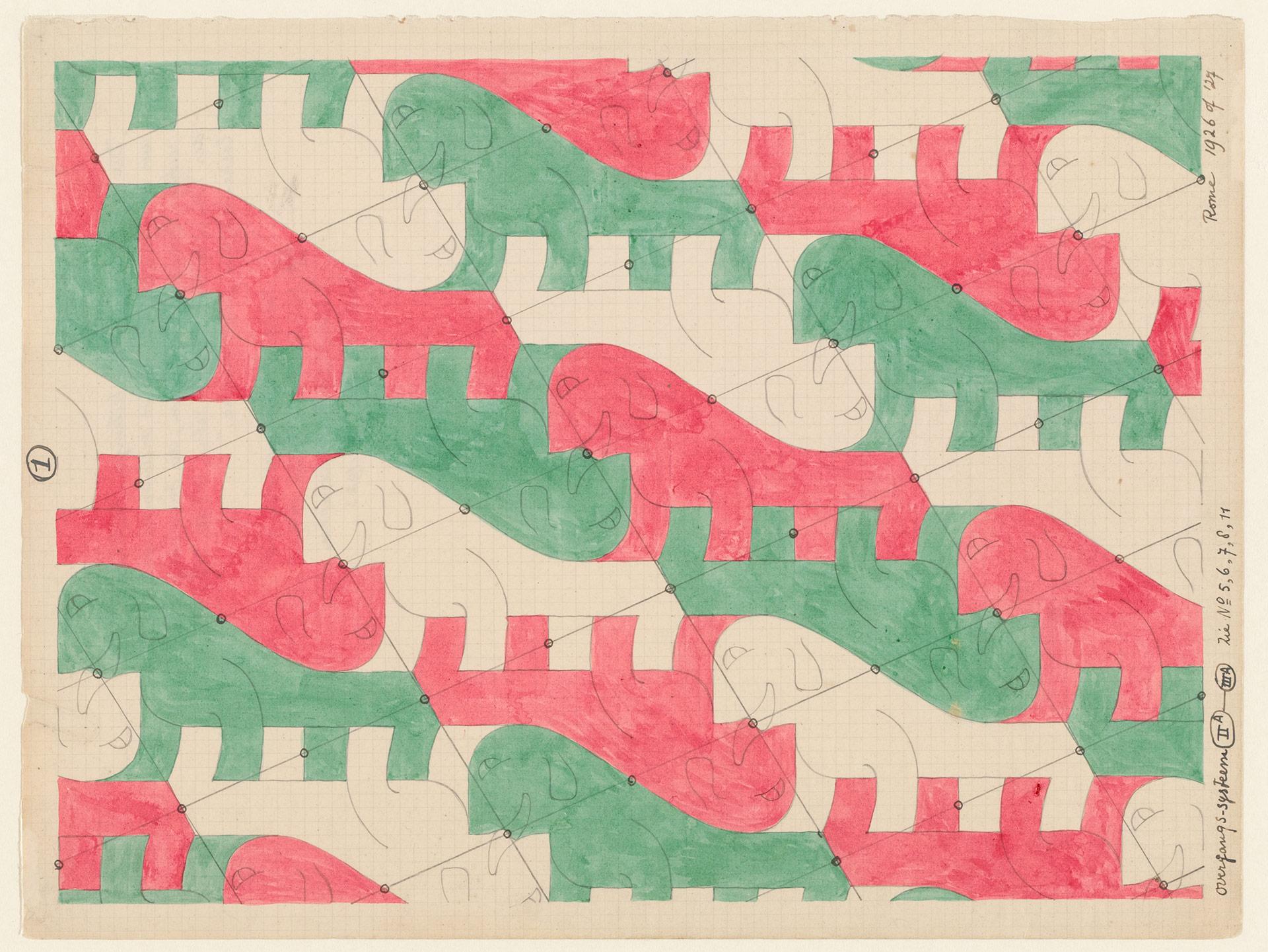 <p>Figure 3. Escher's symmetry drawing no. 1 in his folio of hand-drawn and colored tessellations.</p>