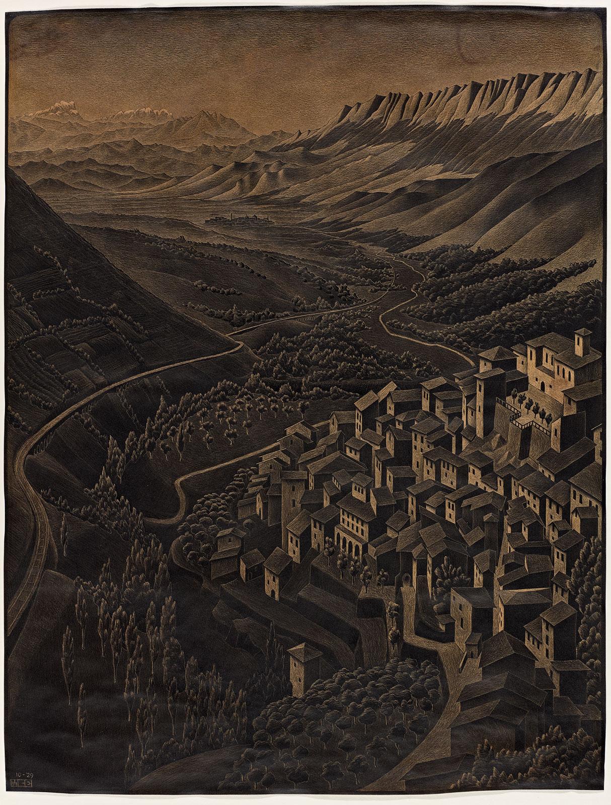 M.C. Escher, Pettorano sul Gizio, scratch drawing, October 1929