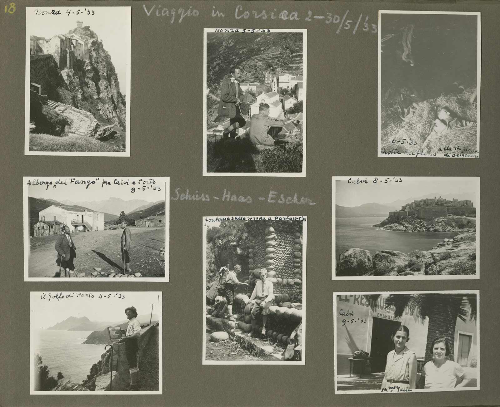 Escher's photo album on Corsica from May 1933. Below center you can see him and Haas-Triverio at a well on their way to Porto.