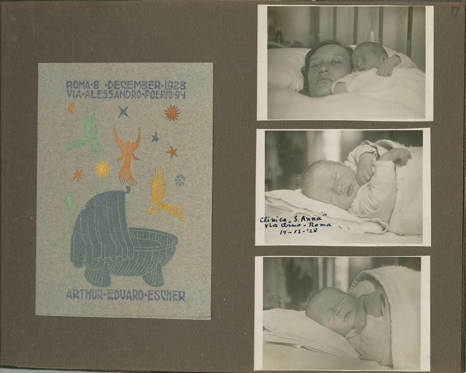 From Escher's photo album: birth card for Arthur Eduard Escher with photos of Jetta and Arthur in the hospital, 14 December 1928