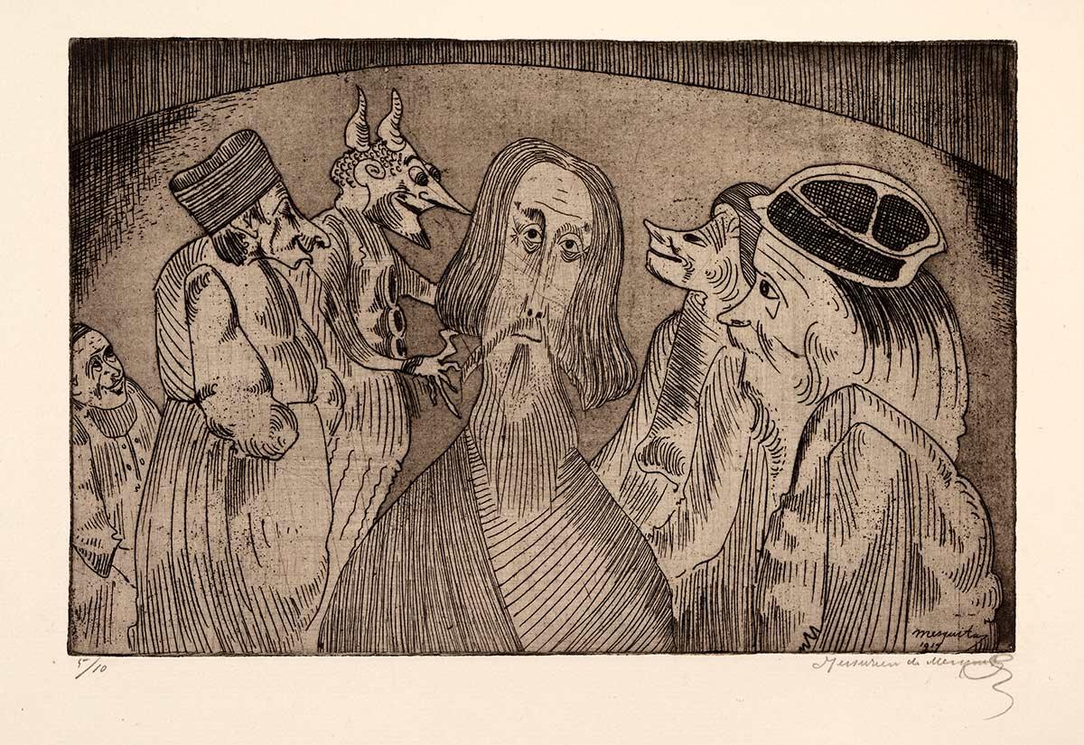 Samuel Jessurun de Mesquita, Groteske verbeelding: zes figuren, centraal in het beeld een frontale figuur met halflange haren en baard, ets, 1917. Collectie Kunstmuseum Den Haag