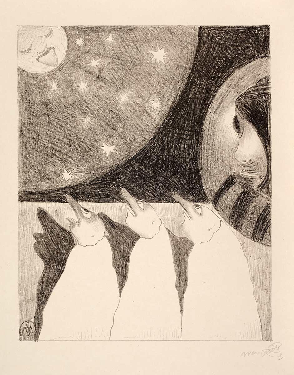 Samuel Jessurun de Mesquita, Fantasie: drie halffiguren naar links, met lange neuzen, opkijkend naar een zon of maan met een gezicht, litho, 1915. Collectie Kunstmuseum Den Haag