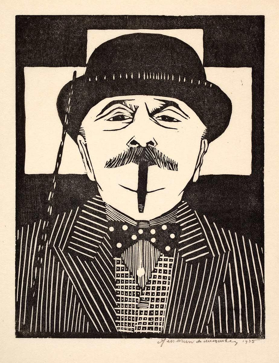 Samuel Jessurun de Mesquita, Zelfportret (met wandelstok, bolhoed en sigaar, houtsnede, 1935. Collectie Kunstmuseum Den Haag