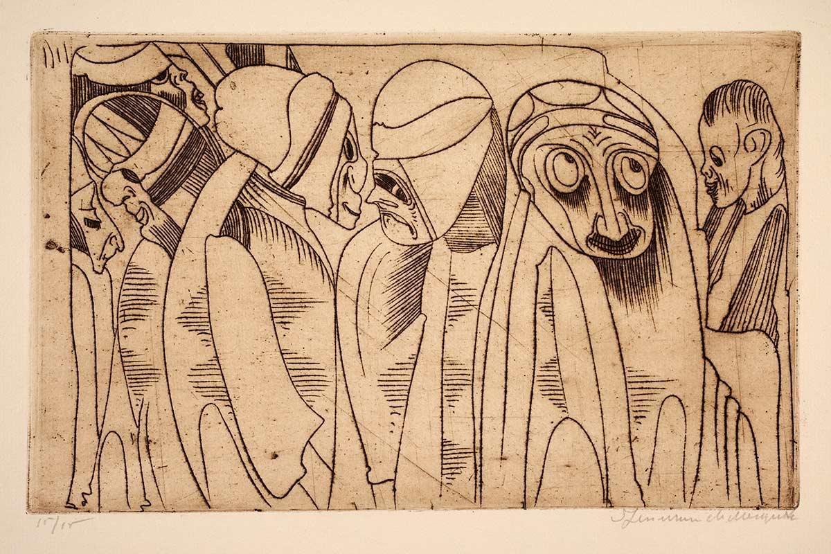 Samuel Jessurun de Mesquita, Fantasie: een groep halffiguren in profiel, de tweede van rechts frontaal, ets, 1927. Collectie Kunstmuseum Den Haag
