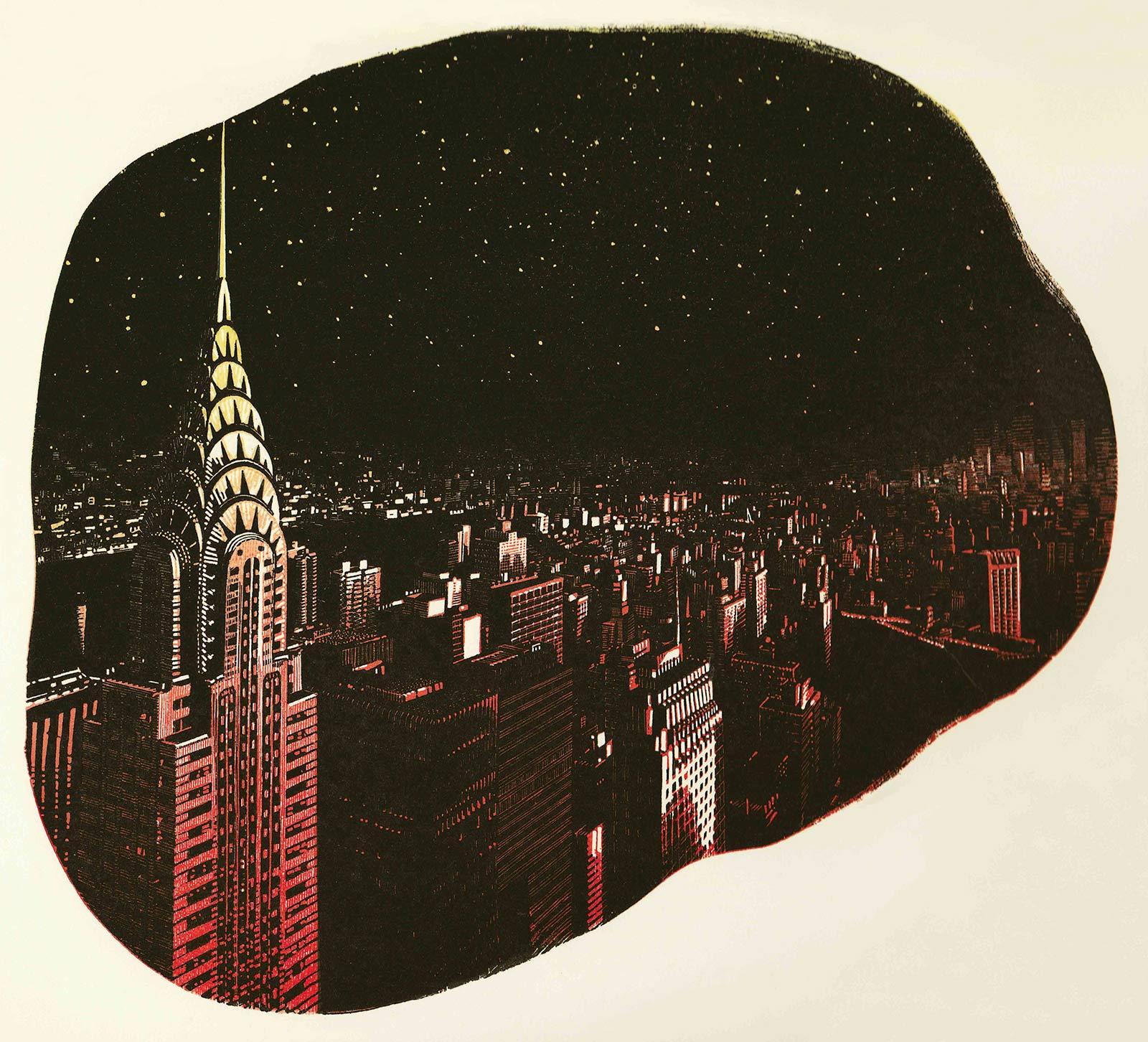 Anne Desmet, Manhattan Stars, Farbholzstich, 2017