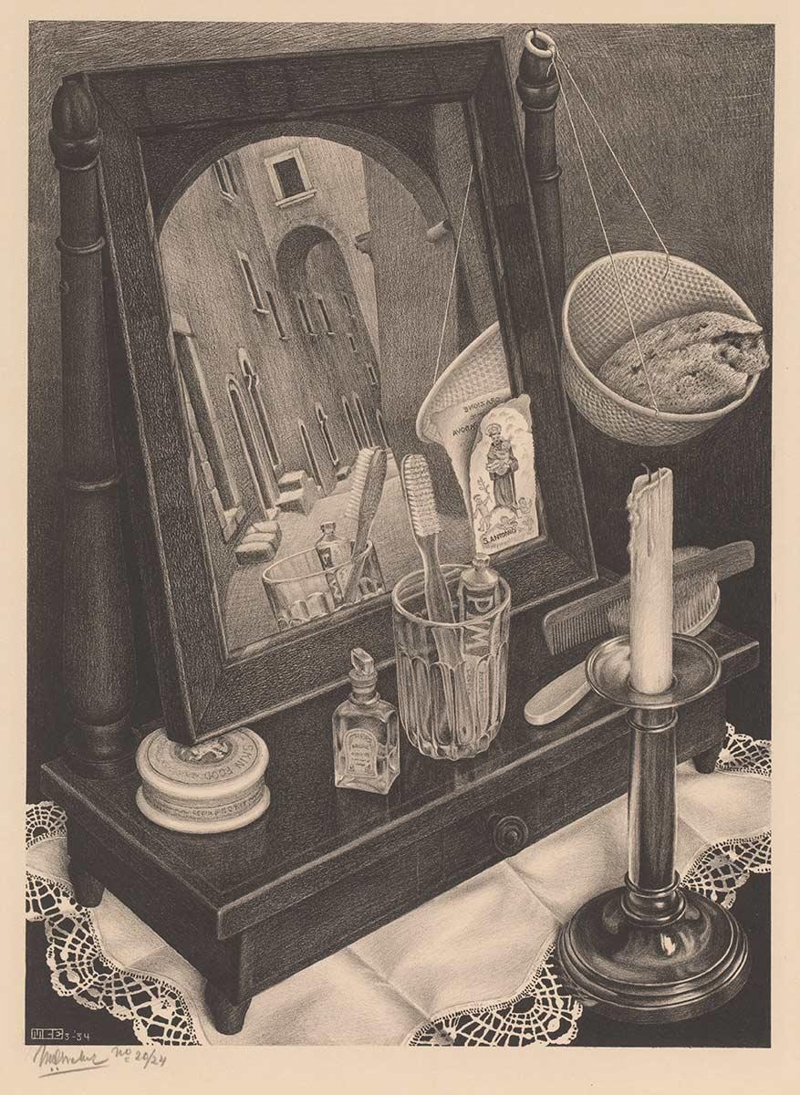M.C. Escher, Still Life with Mirror, lithograph, March 1934
