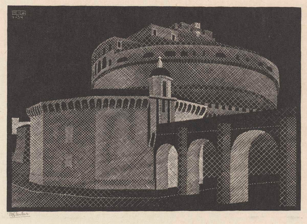 M.C. Escher, Nocturnal Rome: Castel Sant' Angelo, woodcut, April 1934