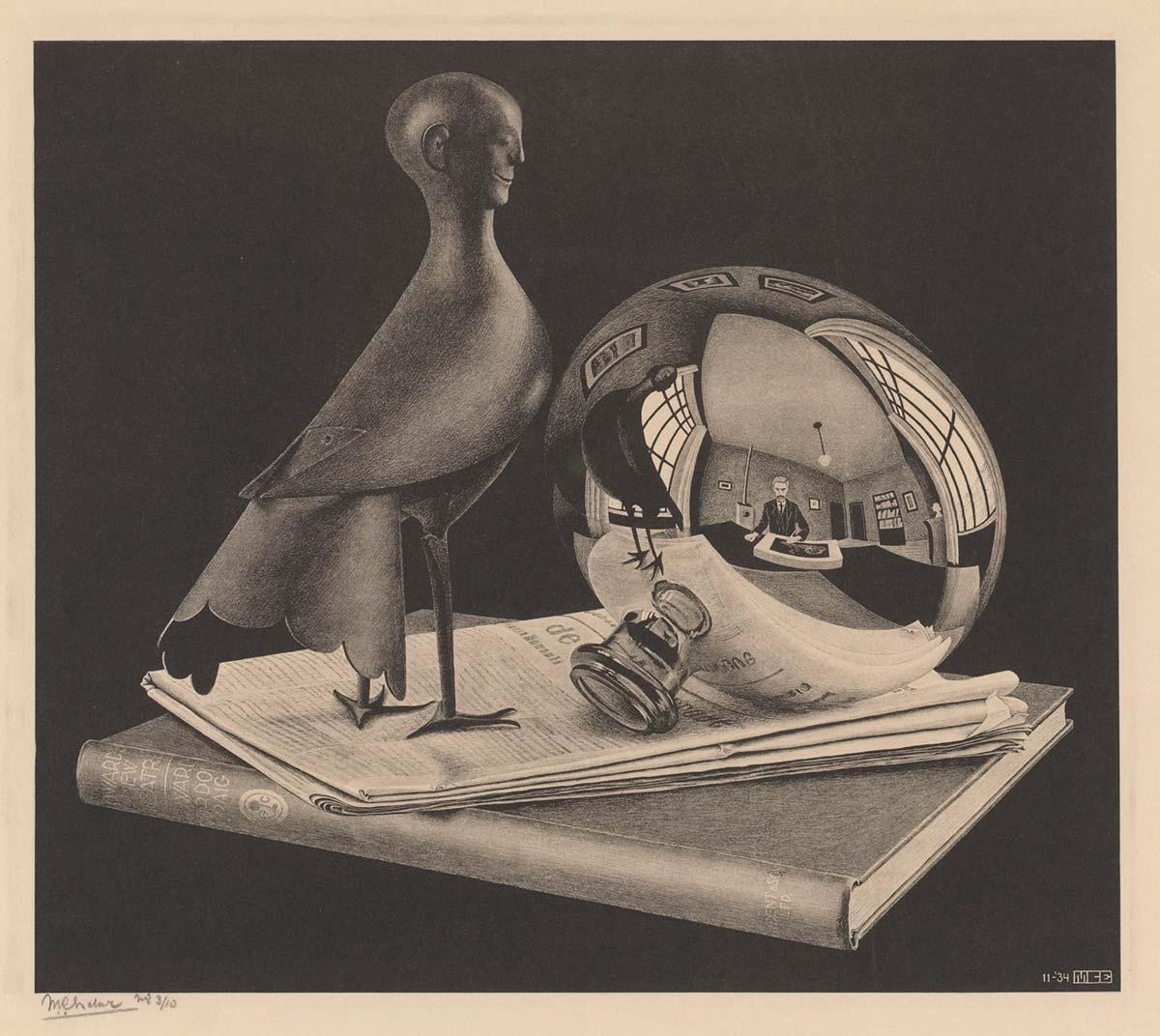 M.C. Escher, Stilleven met bolspiegel, litho, 1934
