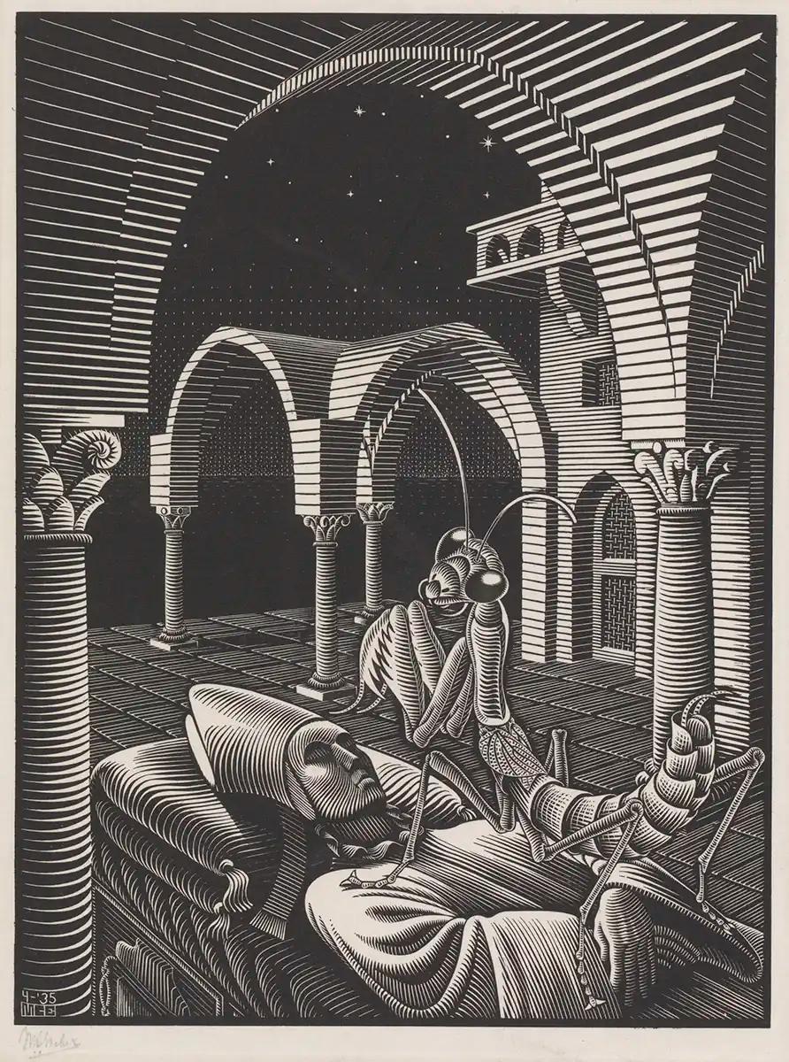 M.C. Escher, Droom (Mantis Religiosa), houtgravure, april 1935