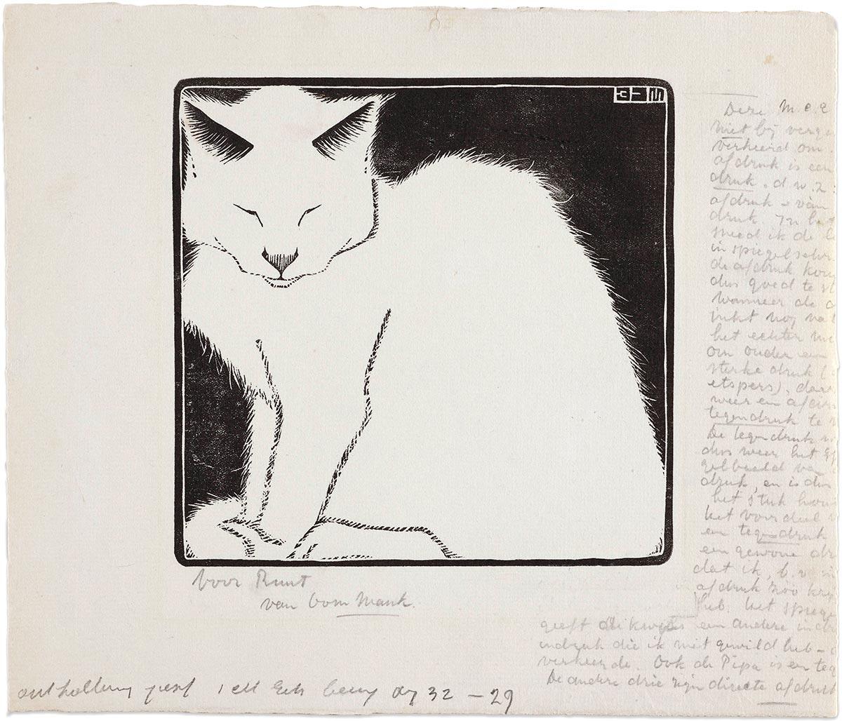 M.C. Escher, White Cat, woodcut (counterproof), 1919, acquired with support from Gielijn Escher, son of Rudolf Escher, and Stichting de Paleiswinkel