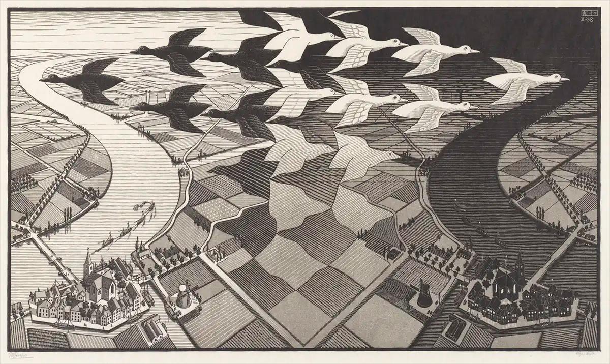 M.C. Escher, 낮과 밤 (Day and Night), 검은색∙회색 목판화, 2개의 판으로 인쇄, 1938년 2월