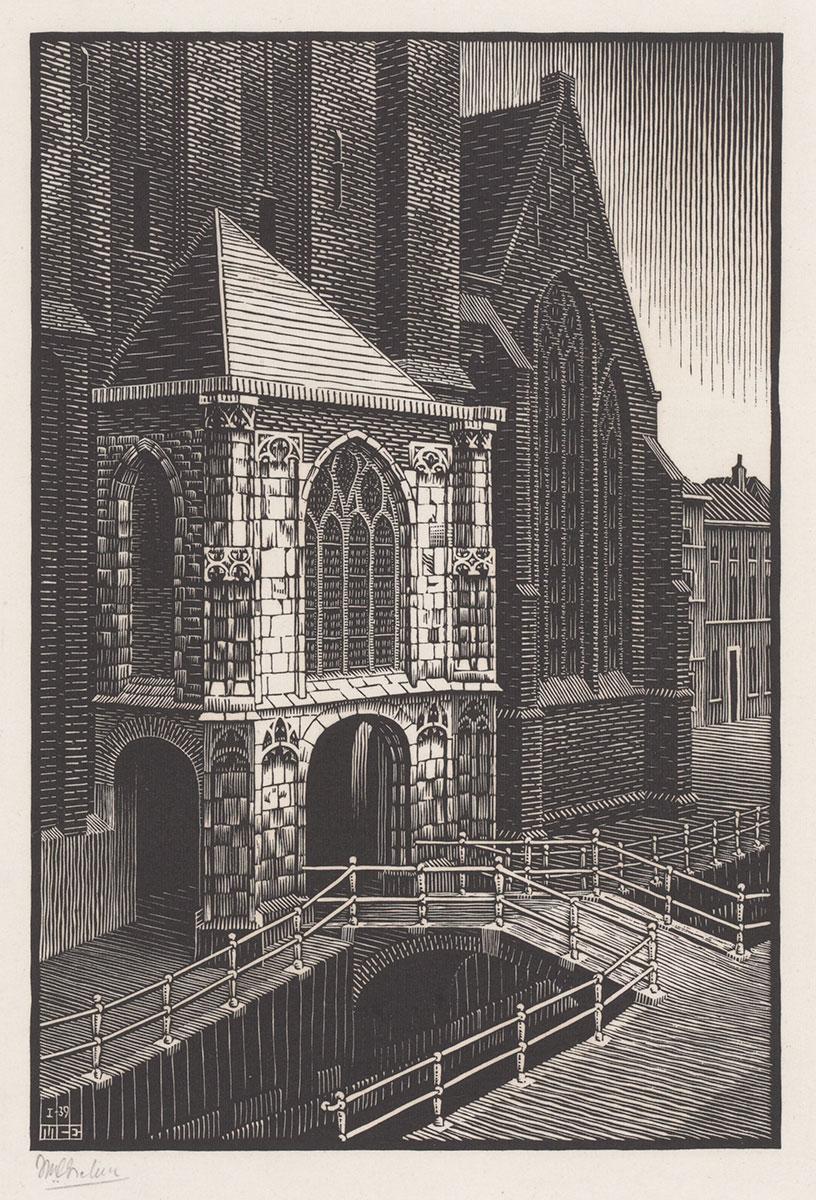 <p>M.C. Escher, Delft: Ingang naar de Oude Kerk, houtsnede, januari 1939</p>