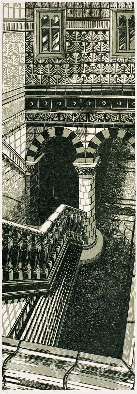 Anne Desmet, Dark Stairwell VBM, Linolschnitt in Schwarz und Grün-Grau, 2007