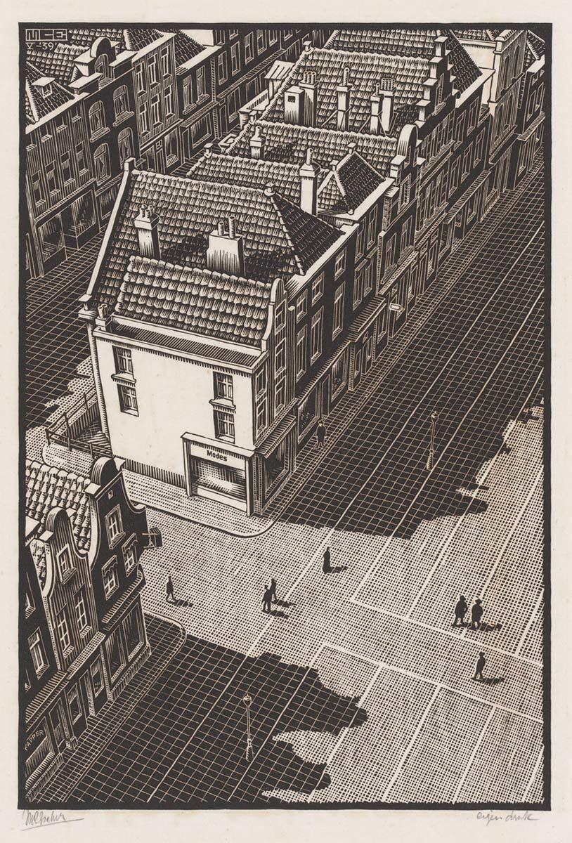 M.C. Escher, Delft: Grote Markt (Markt van toren Nieuwe Kerk), houtsnede, mei 1939