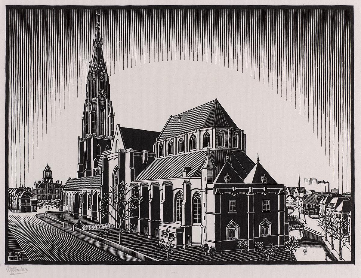 <p>M.C. Escher, Delft: Nieuwe Kerk, houtsnede, mei 1939</p>