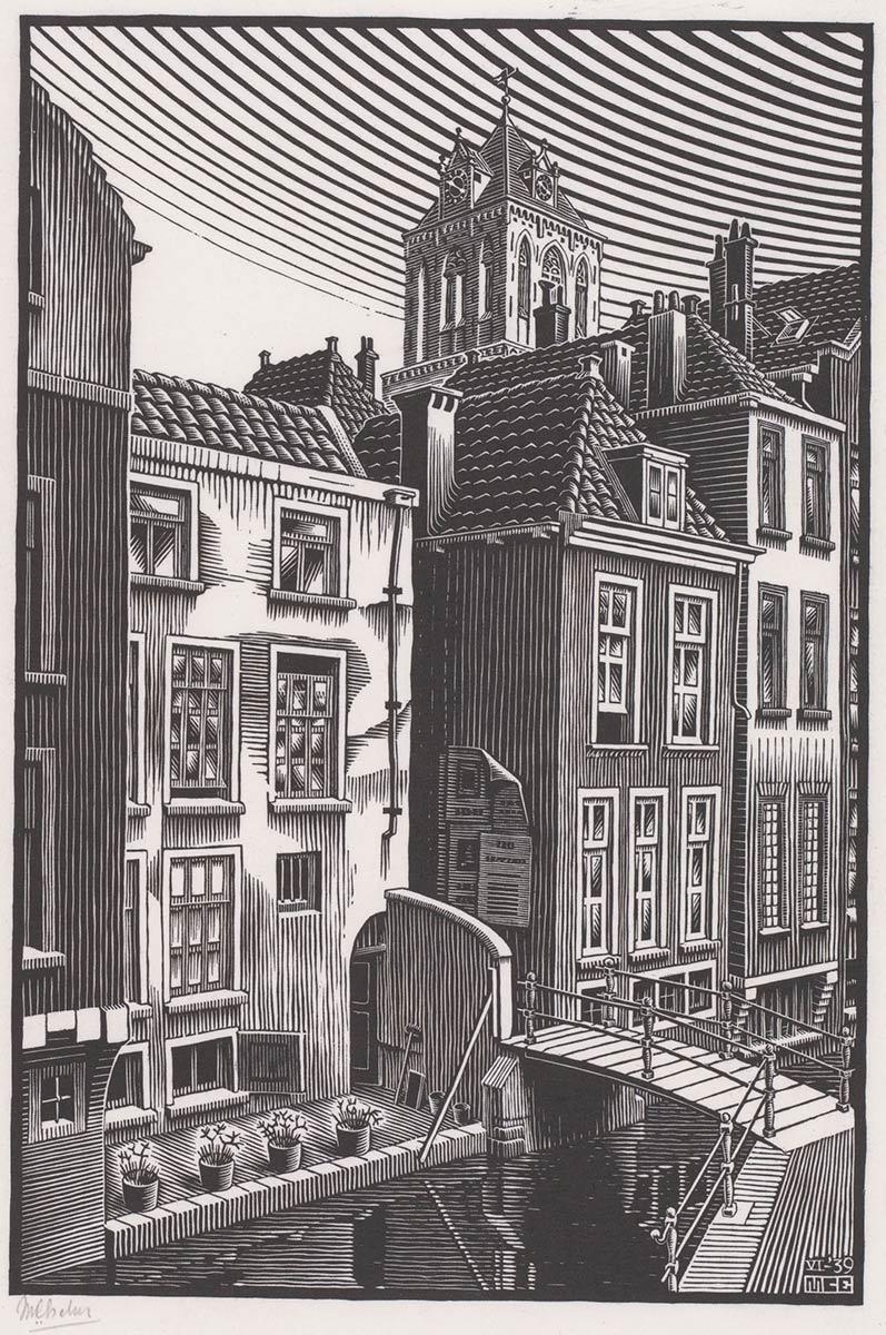 <p>M.C. Escher, Delft: Voldersgracht, houtsnede, juni 1939</p>