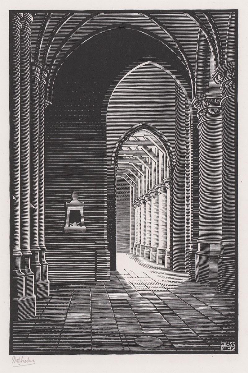 <p>M.C. Escher, Delft: (Interieur) Nieuwe Kerk, houtsnede, juli 1939</p>