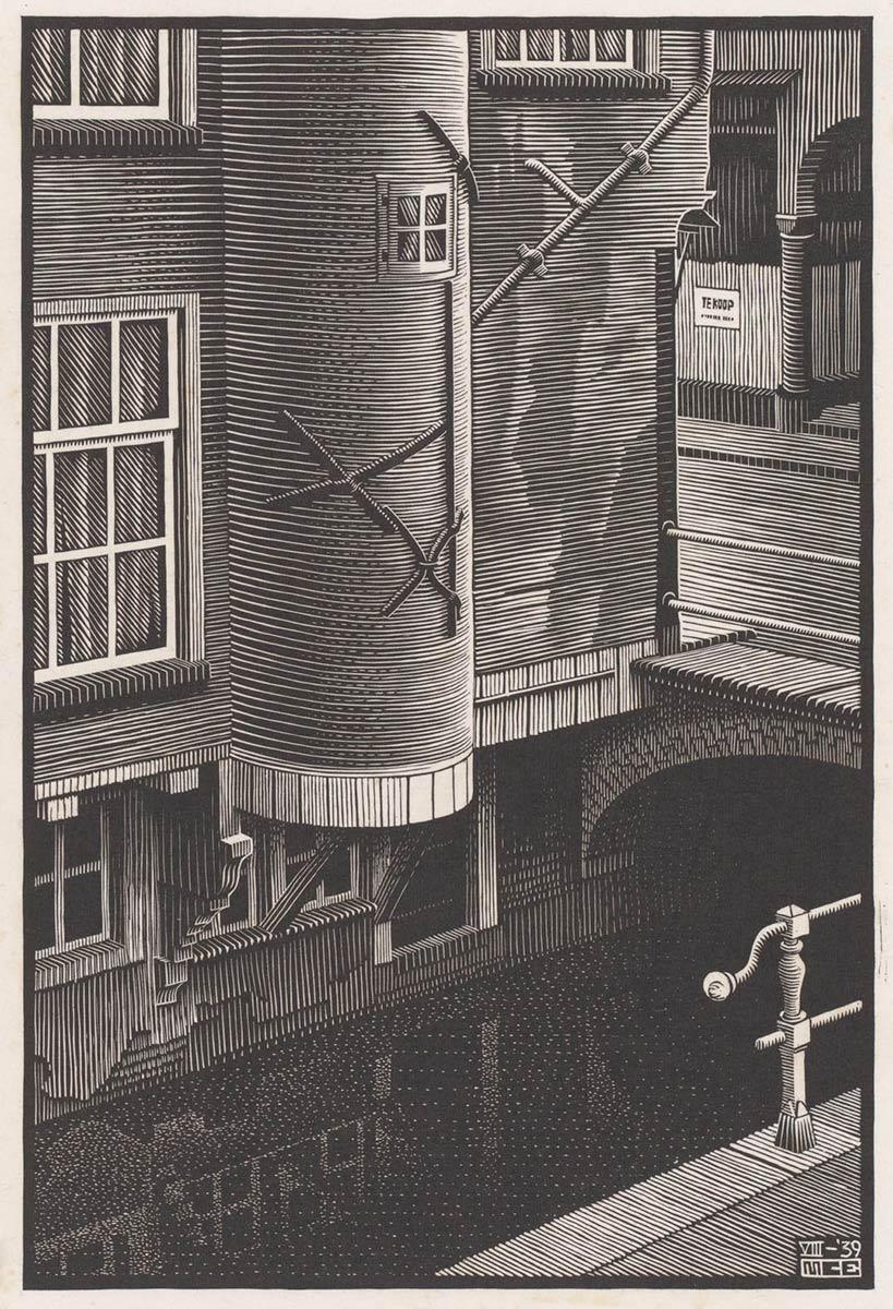 <p>M.C. Escher, Delft: Voldersgracht (detail), houtsnede, juli 1939</p>