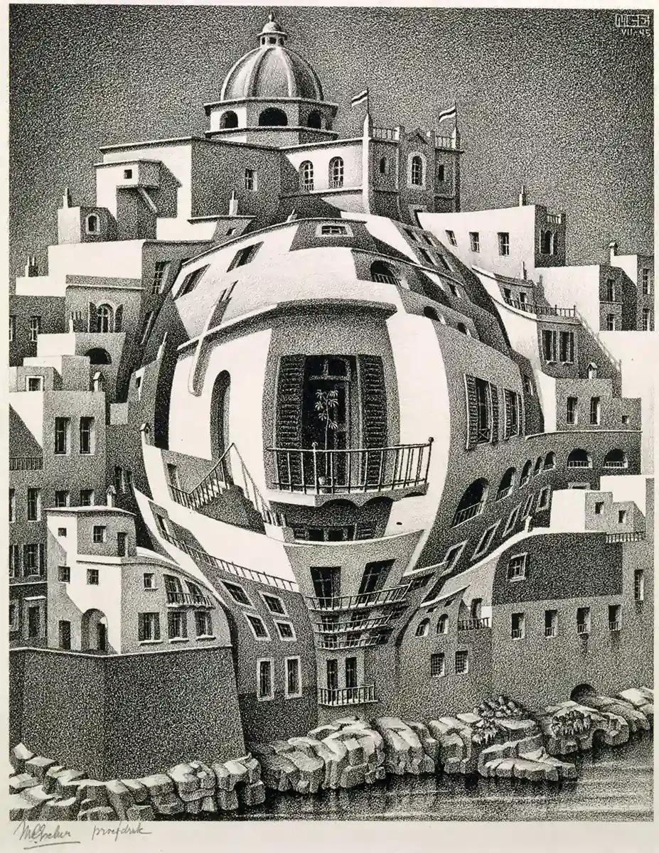 <p>M.C. Escher, balkon, litho, juli 1945</p>
