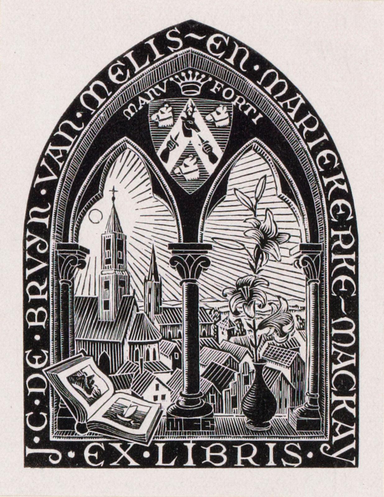 M.C. Escher, Ex libris van J.C. de Bruyn van Melis- en Mariekerke-Mackay, houtgravure, juni 1946