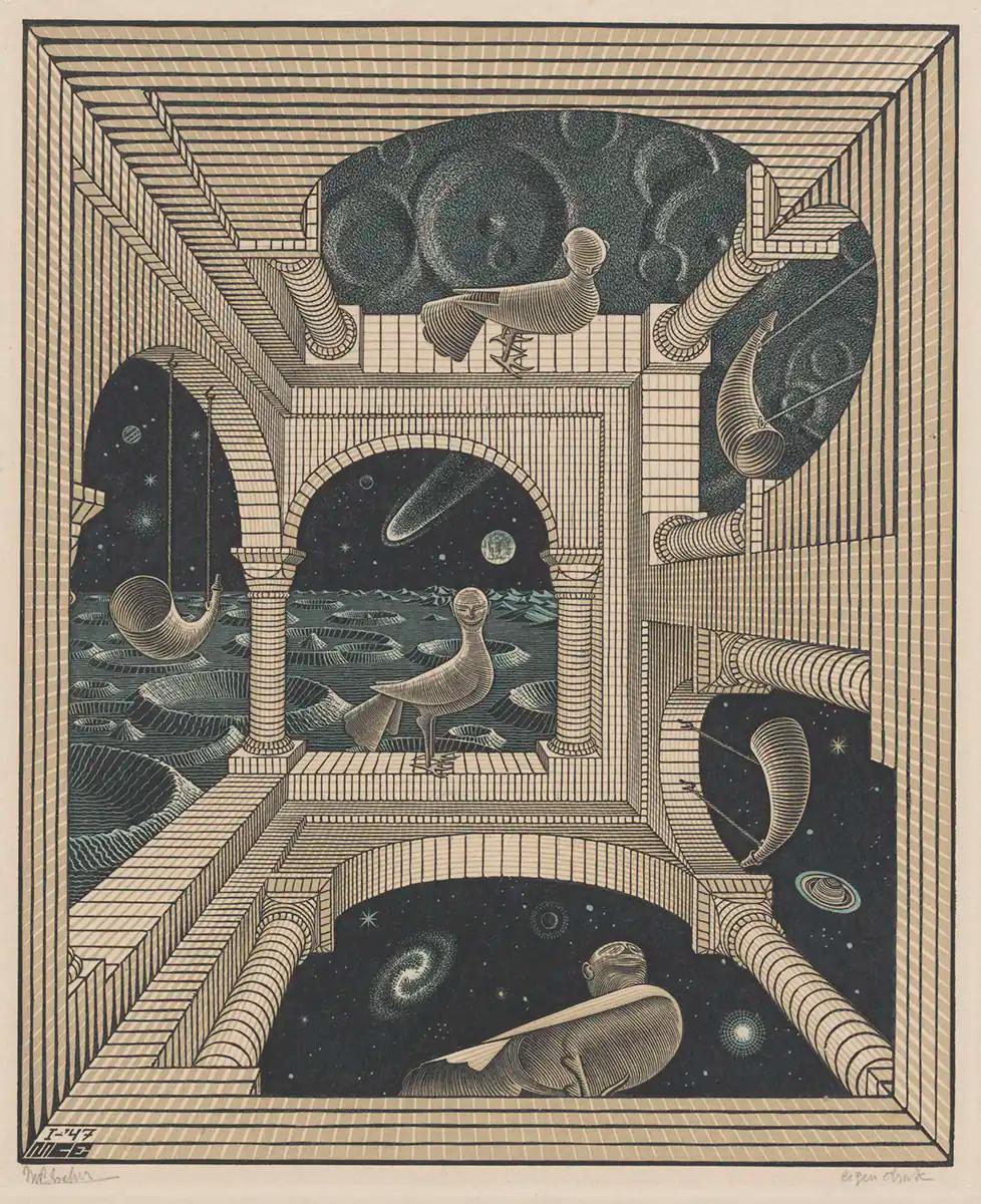 M.C. Escher, Other World, wood engraving and woodcut in black, reddish brown and green, printed from three blocks, January 1947