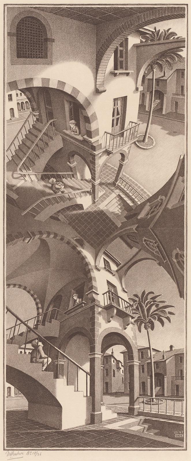 M.C. Escher, Up and down, lithograph in brown, July 1947
