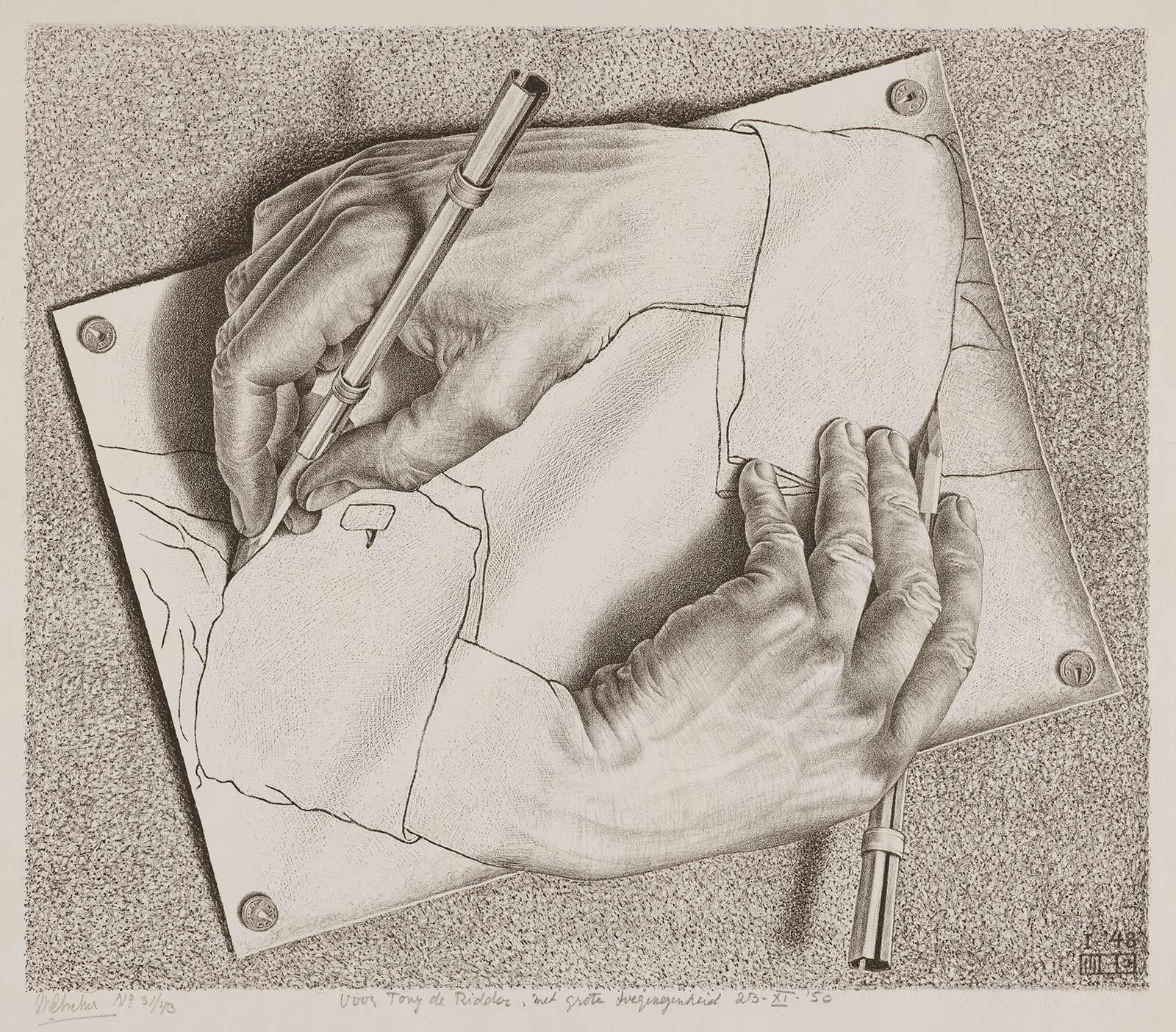 M.C. Escher, Drawing Hands, lithograph, January 1948, long-term loan from private collection