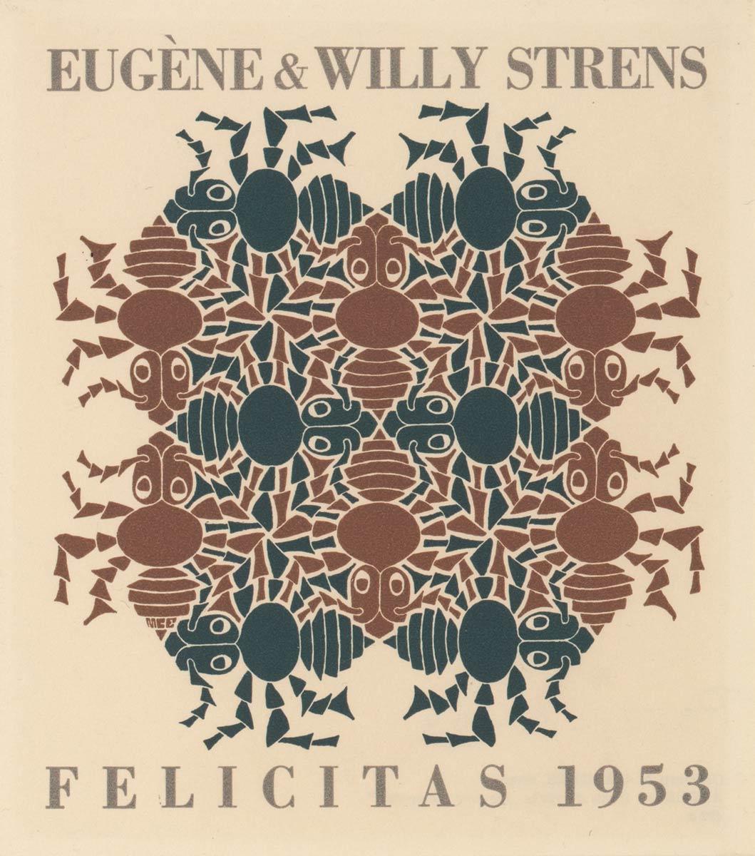 M.C. Escher, Aarde (nieuwjaarswens 1953), houtsnede in blauwgrijs en bruin, gedrukt van twee blokken, met boekdruk in grijs, oktober 1952