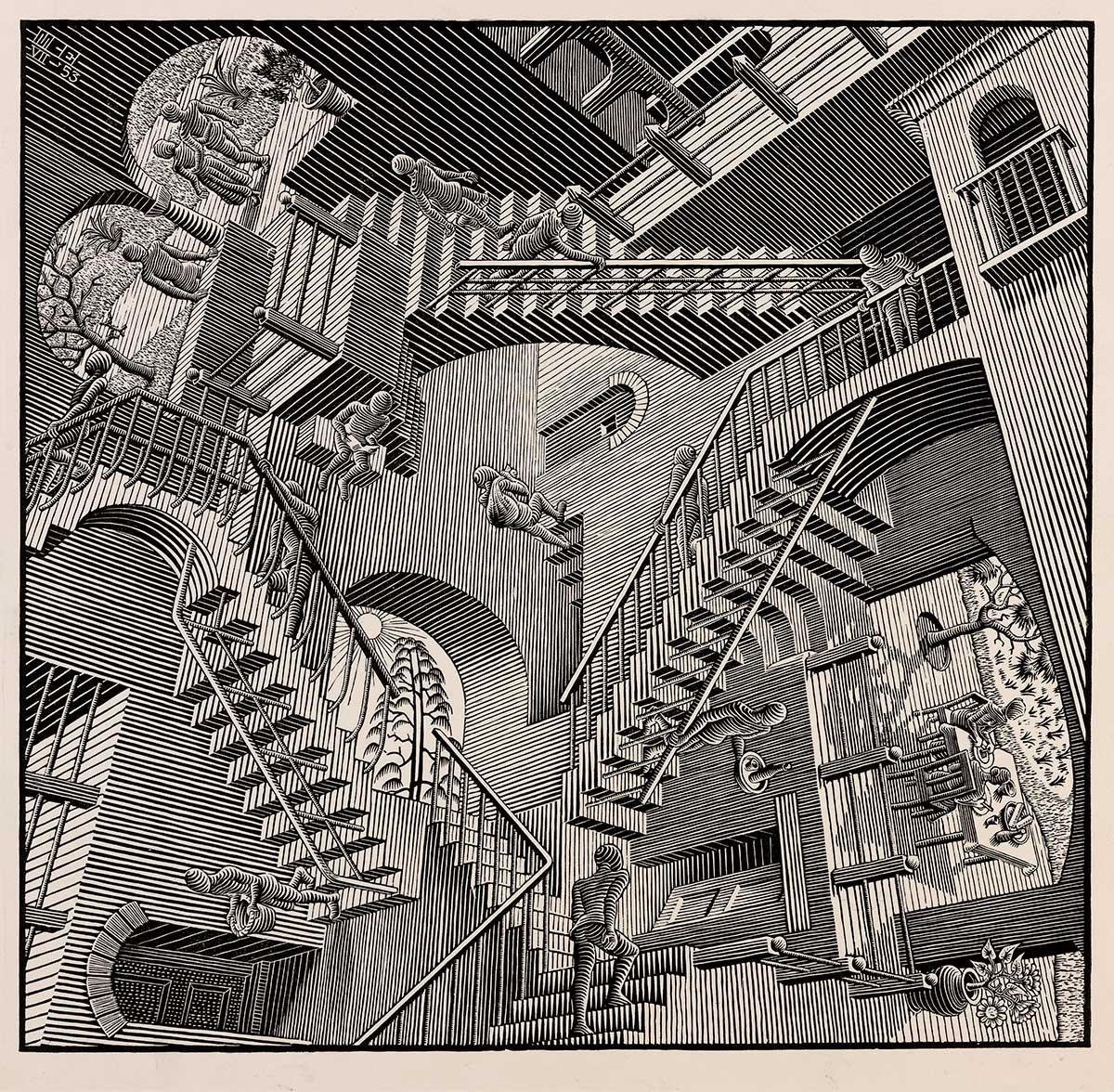 M.C. Escher, Relativiteit, houtsnede, juli 1953