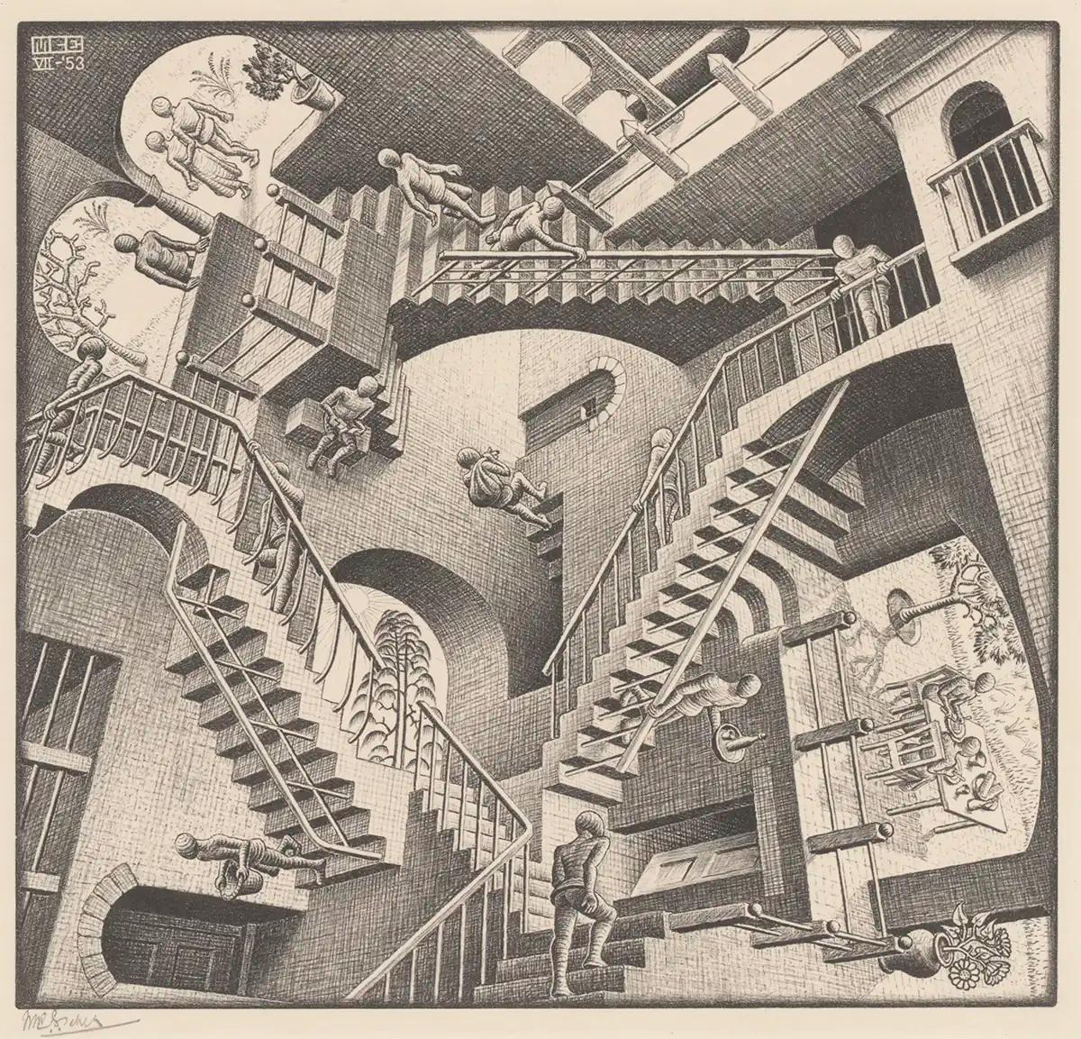 <p>M.C. Escher, Relativity, lithograph, July 1953</p>