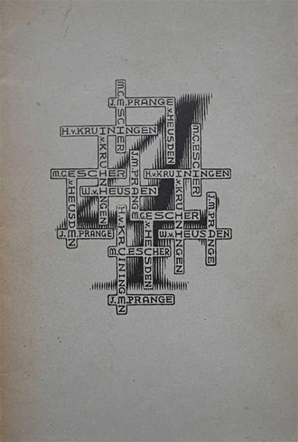 Catalogus van de tentoonstelling in Boijmans in 1952, met op de voorkant een houtsnede van M.C. Escher. Beeld: Catawiki