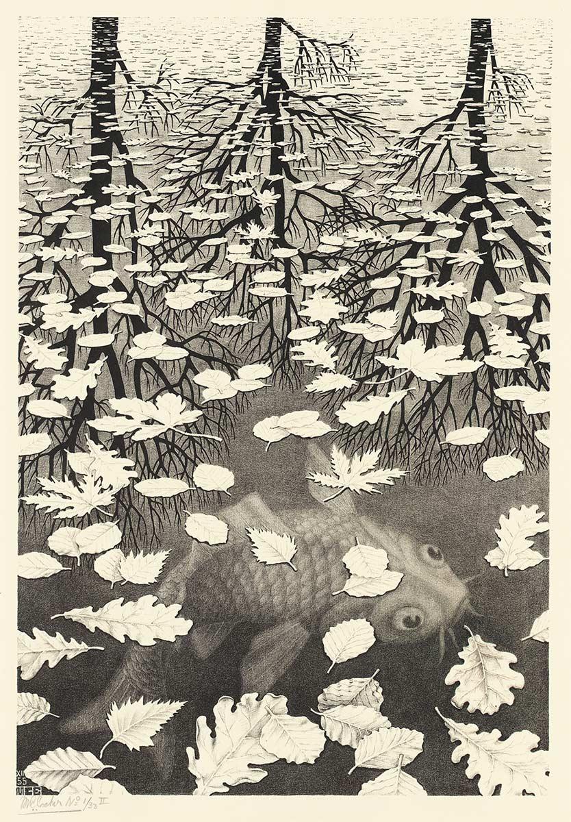 M.C.Escher、三つの世界、リトグラフ、1955年12月