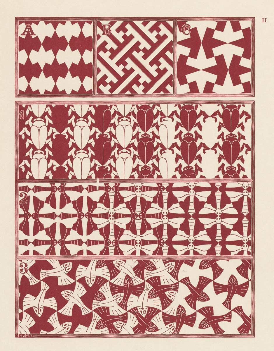 M.C. Escher, The Regular Division of The Plane II, woodcut in red, May 1957