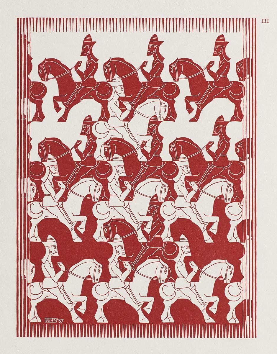 M.C. Escher, The Regular Division of The Plane III, woodcut in red, May 1957